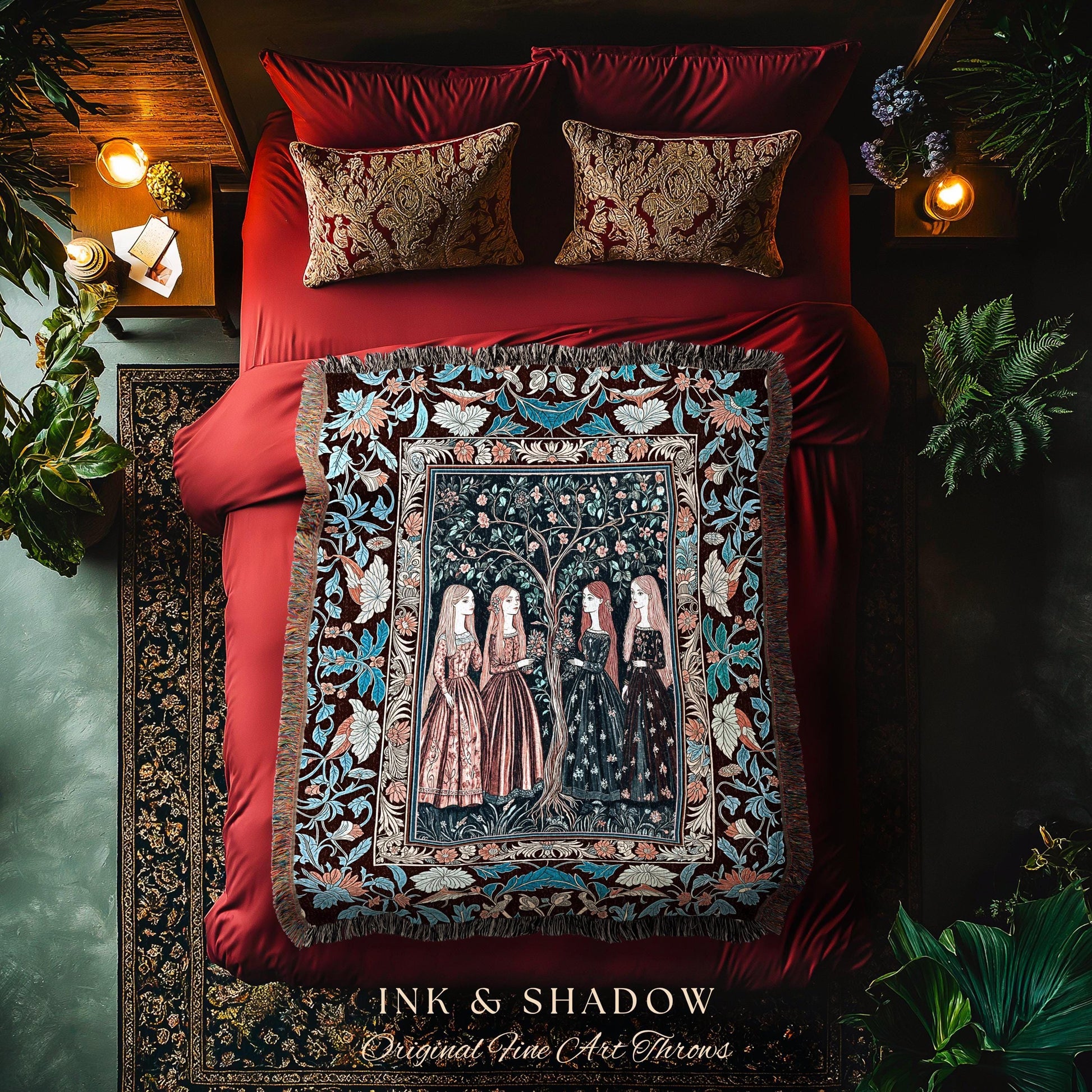 Pastel Fairy Forest Elegant Throw Blanket | Druid Tapestry Medieval Maiden Baroque Aesthetic Magic Decor Celestial Gothic Art Nouveau Decor