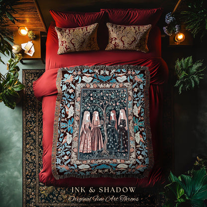 Pastel Fairy Forest Elegant Throw Blanket | Druid Tapestry Medieval Maiden Baroque Aesthetic Magic Decor Celestial Gothic Art Nouveau Decor