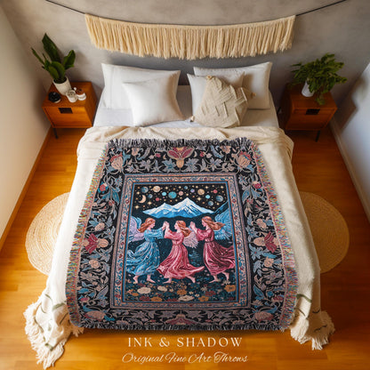 Mountain Fairies Magical Throw Blanket | Whimsical Scandinavian Folklore Woven Wall Tapestry Medieval Angel Aesthetic Celestial Woodland |