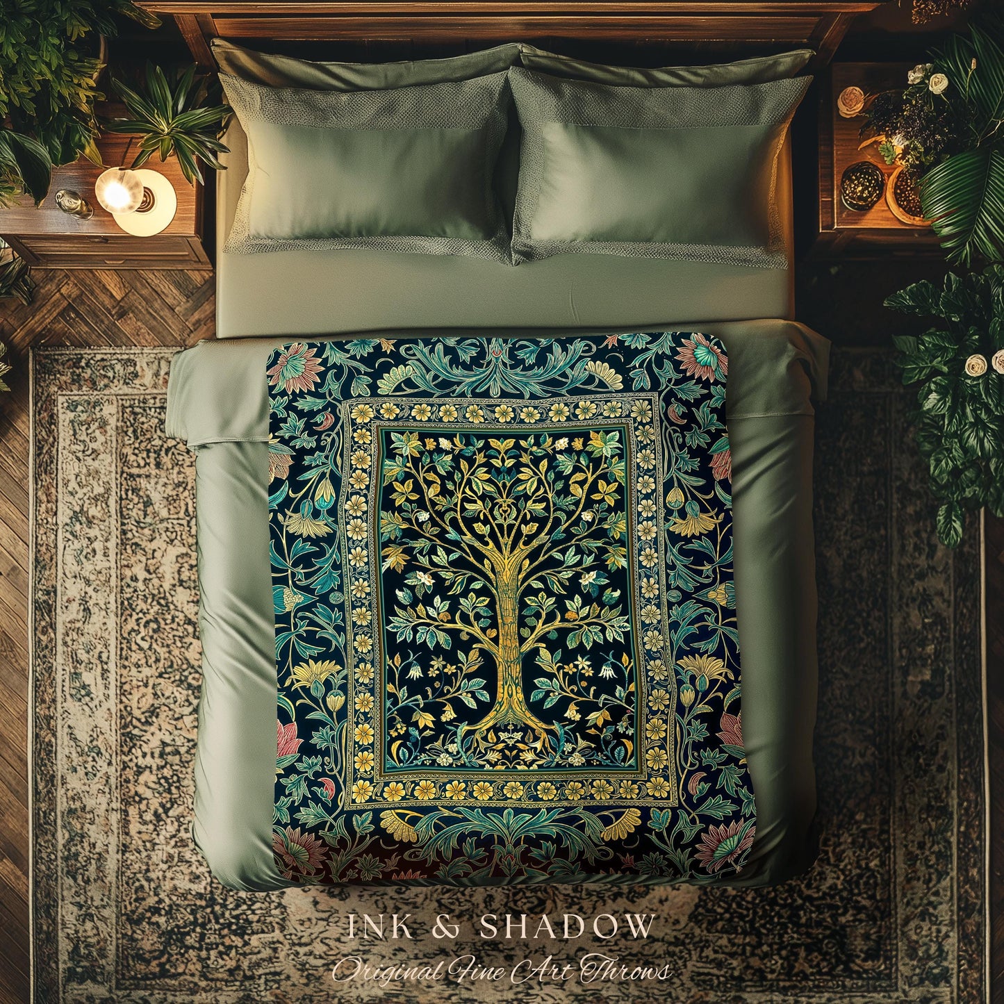Elegant Cool Toned Tree Throw Blanket Woven Cotton Wall Tapestry