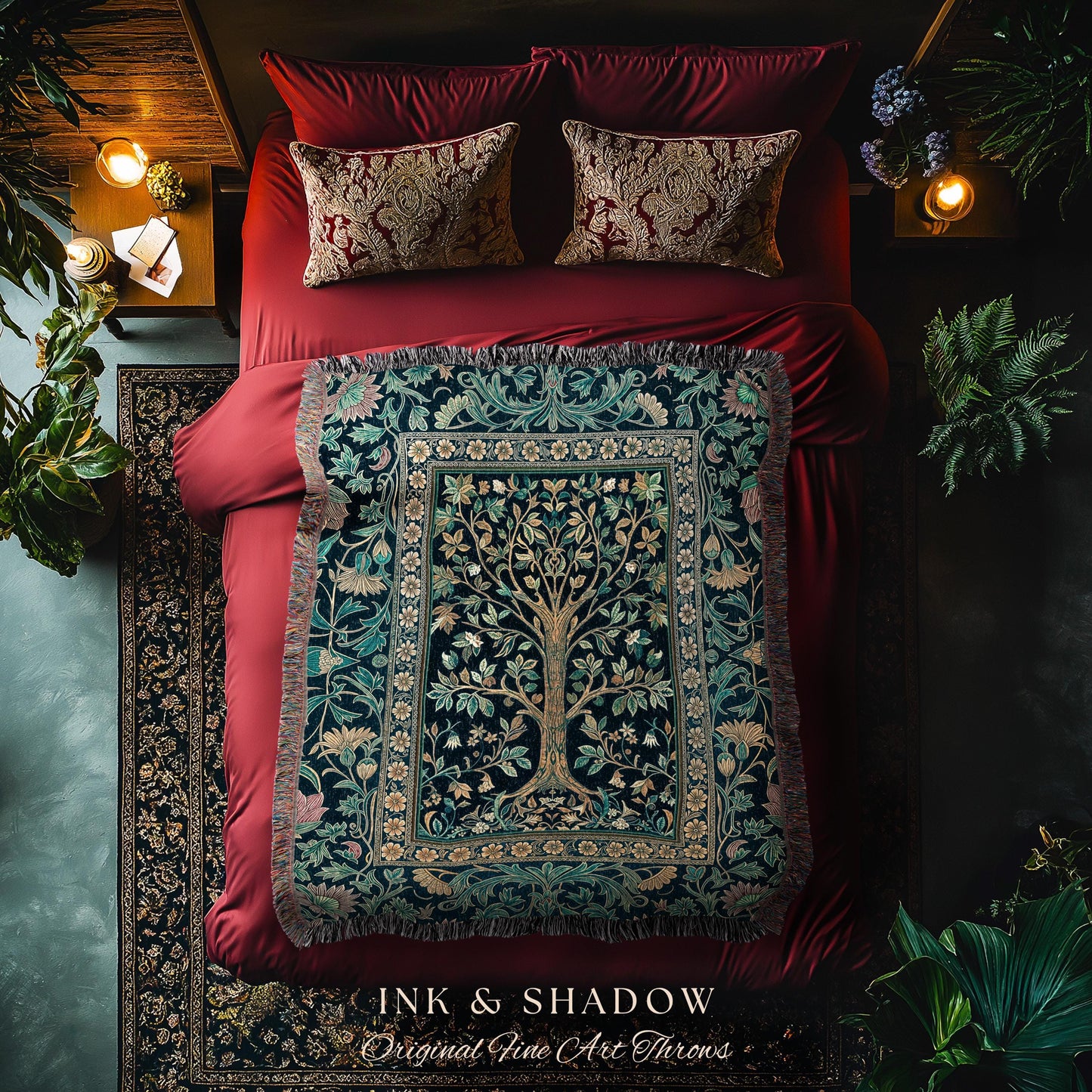 Elegant Cool Toned Tree Throw Blanket Woven Cotton Wall Tapestry