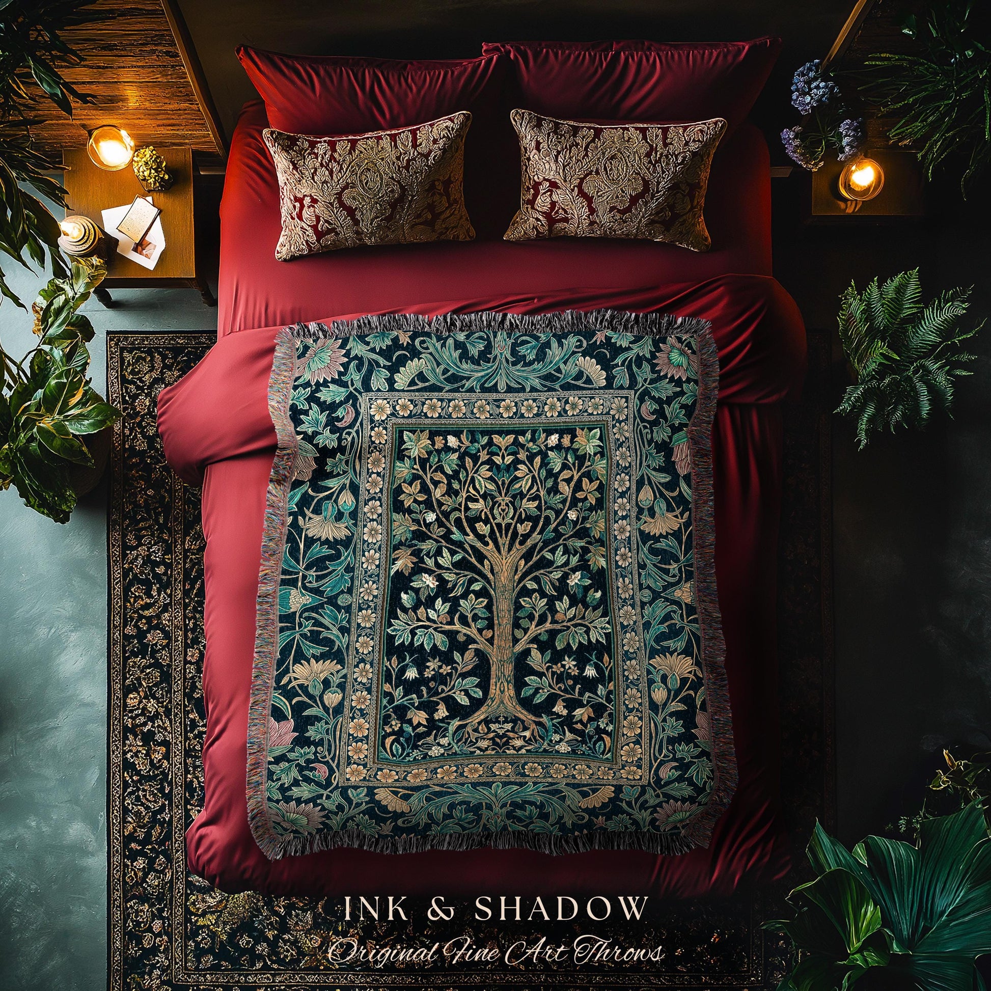 Elegant Cool Toned Tree Throw Blanket Woven Cotton Wall Tapestry