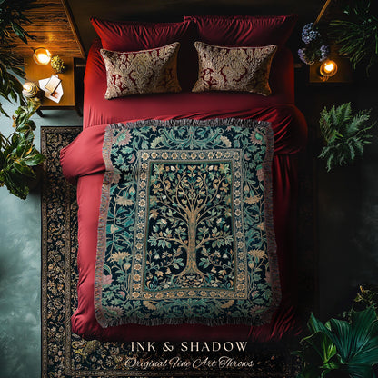 Elegant Cool Toned Tree Throw Blanket Woven Cotton Wall Tapestry