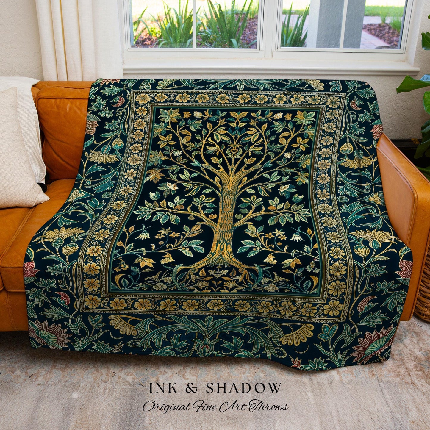 Elegant Cool Toned Tree Throw Blanket Woven Cotton Wall Tapestry