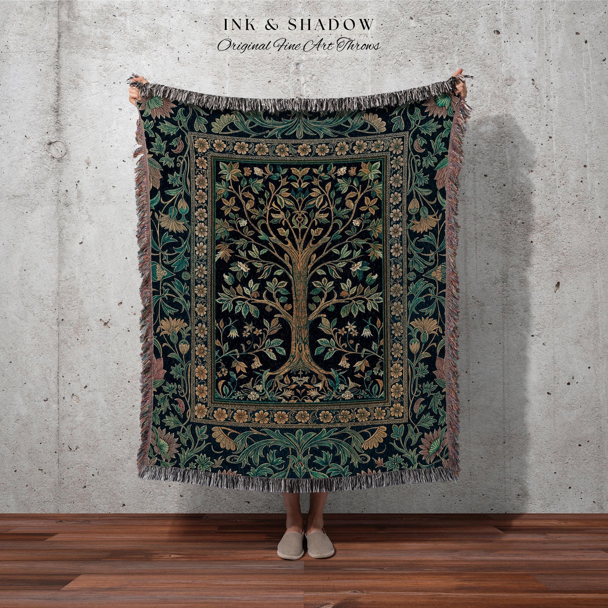 Elegant Cool Toned Tree Throw Blanket Woven Cotton Wall Tapestry