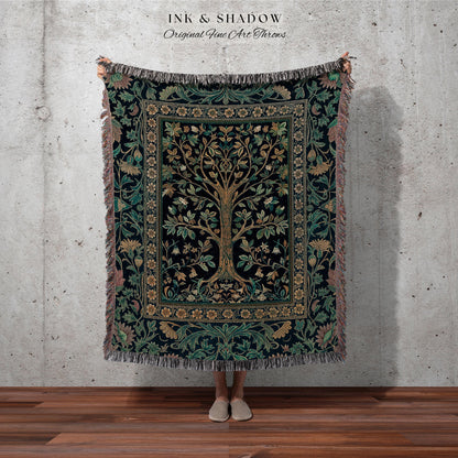 Elegant Cool Toned Tree Throw Blanket Woven Cotton Wall Tapestry
