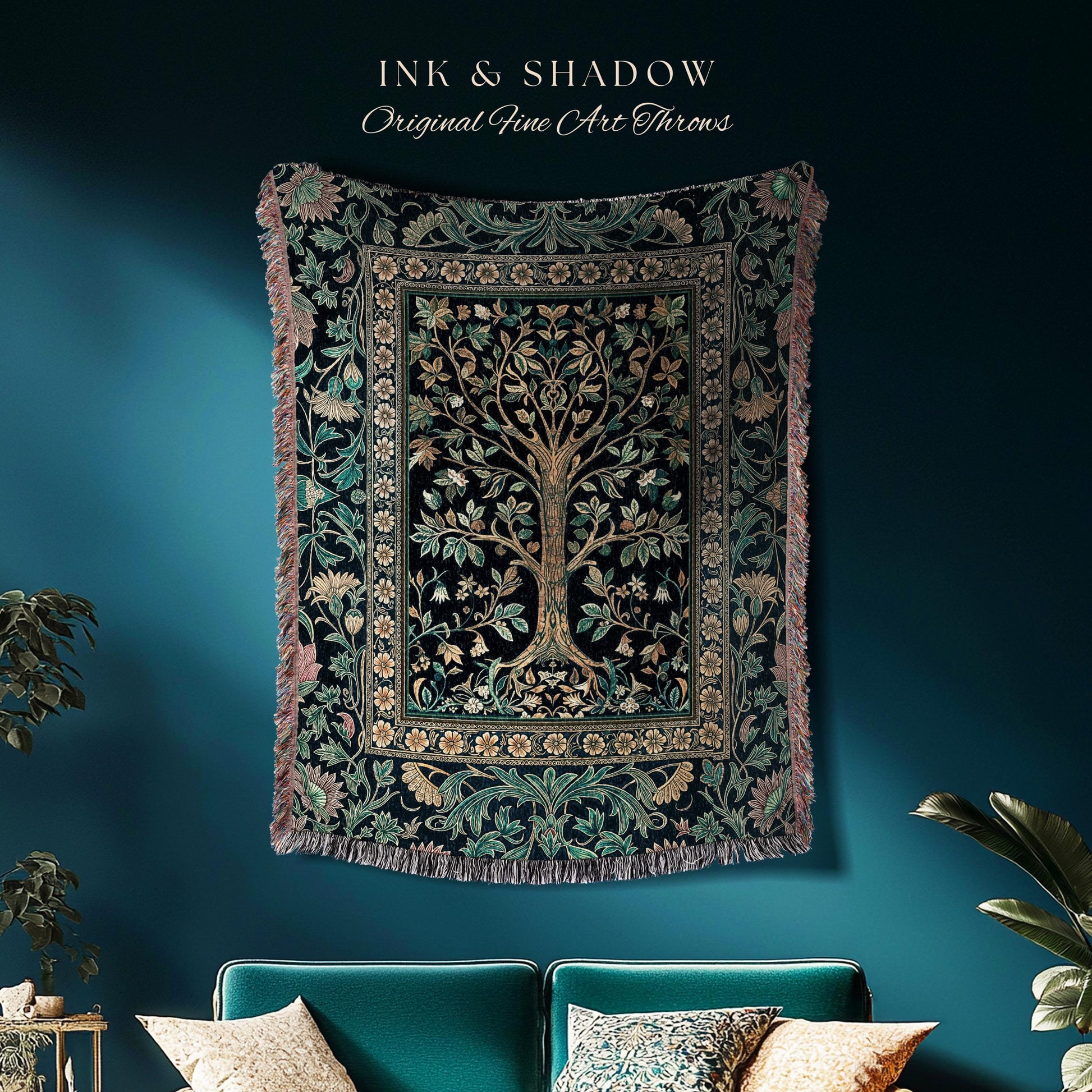 Elegant Cool Toned Tree Throw Blanket Woven Cotton Wall Tapestry