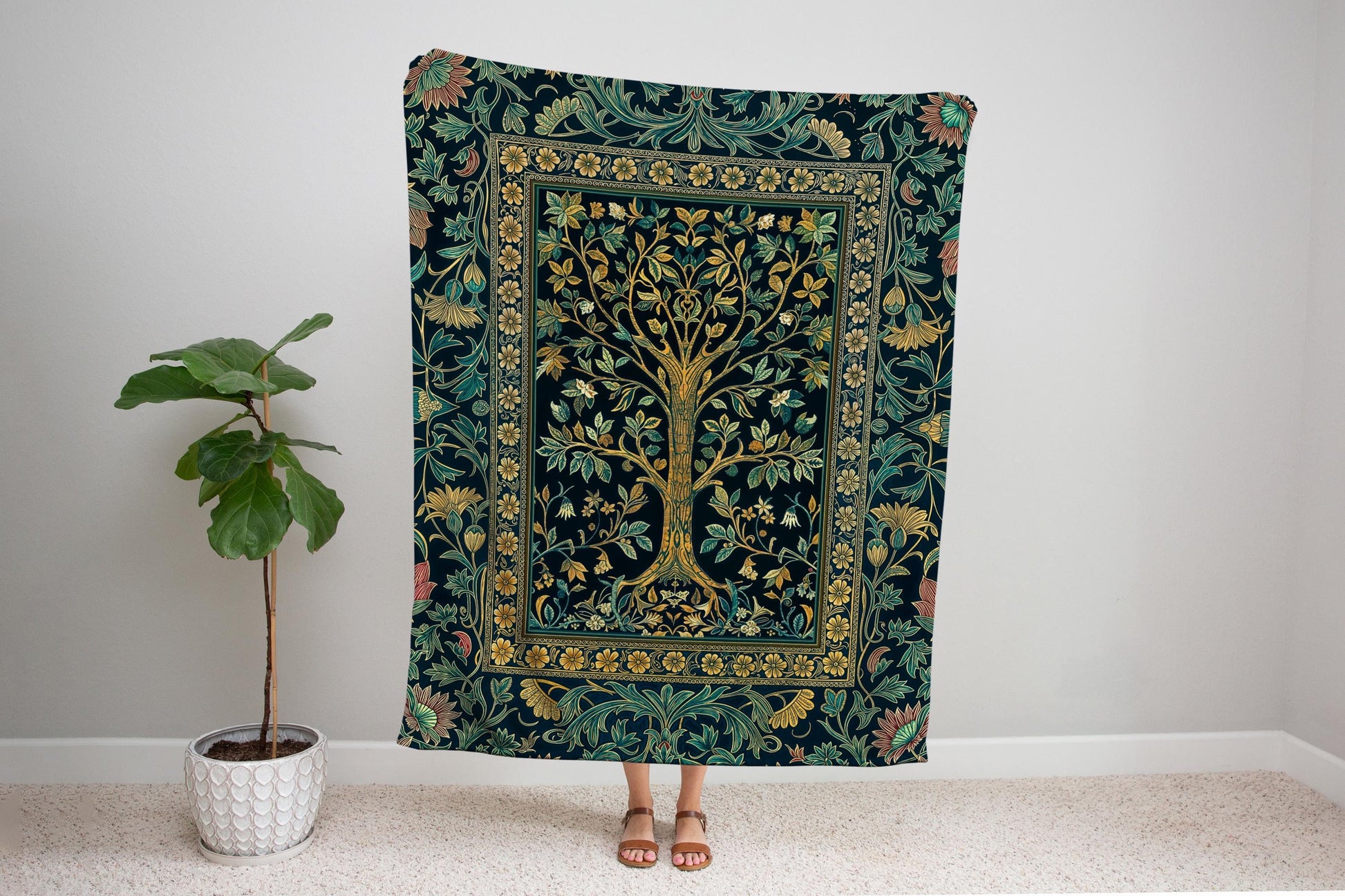 Elegant Cool Toned Tree Throw Blanket Woven Cotton Wall Tapestry