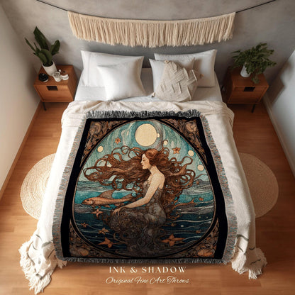Art Nouveau Tarot Mermaid Tapestry Mermaidcore Wall Art Siren Celestial Decor Throw Blanket Woven | Mermaid Aesthetic Sea Witch Tapestry |