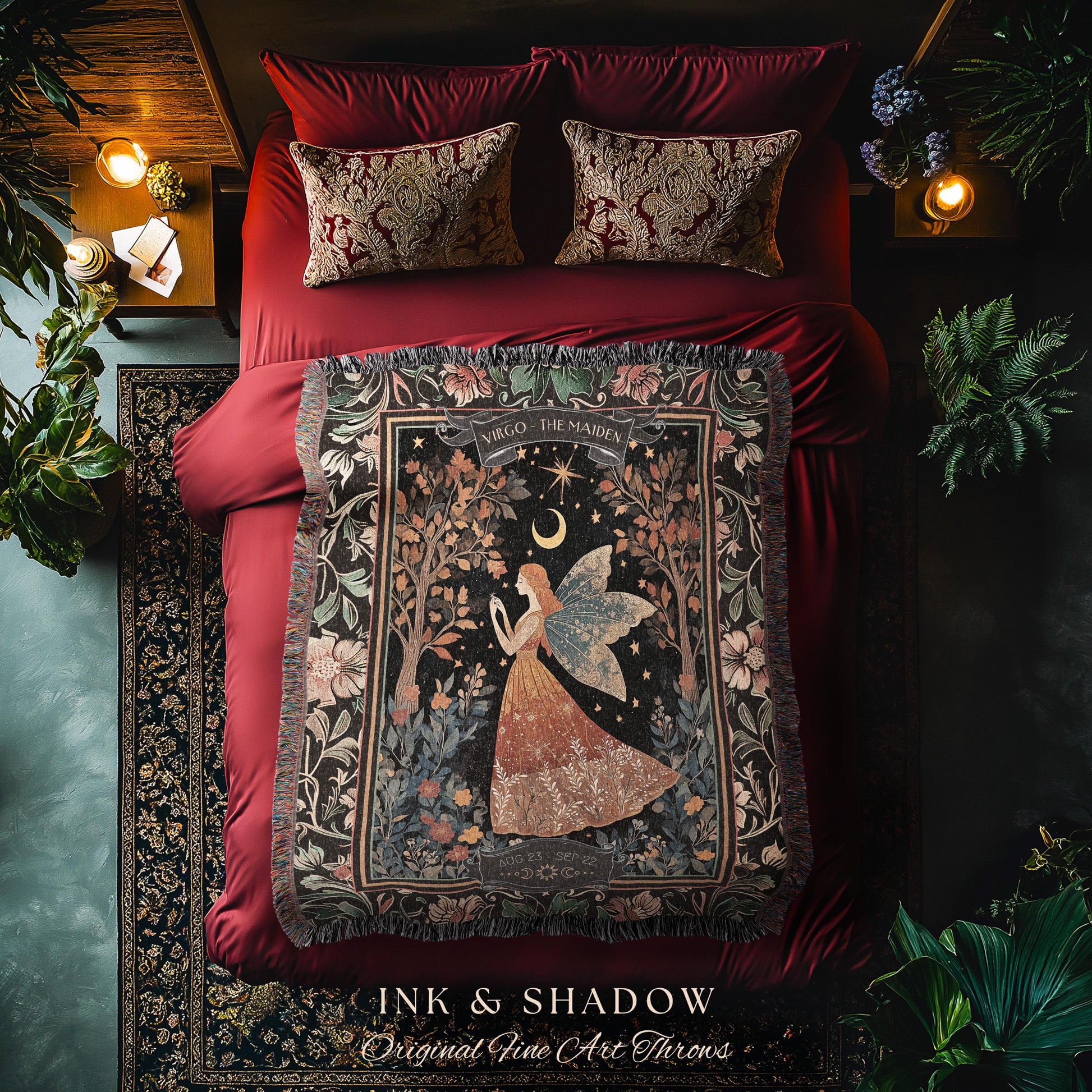 Folklore Virgo Zodiac Blanket Rustic Star Sign Tapestry Throw | Fairycore Art Astrology Gift The Maiden Birth Month Woodland Fairytale Decor