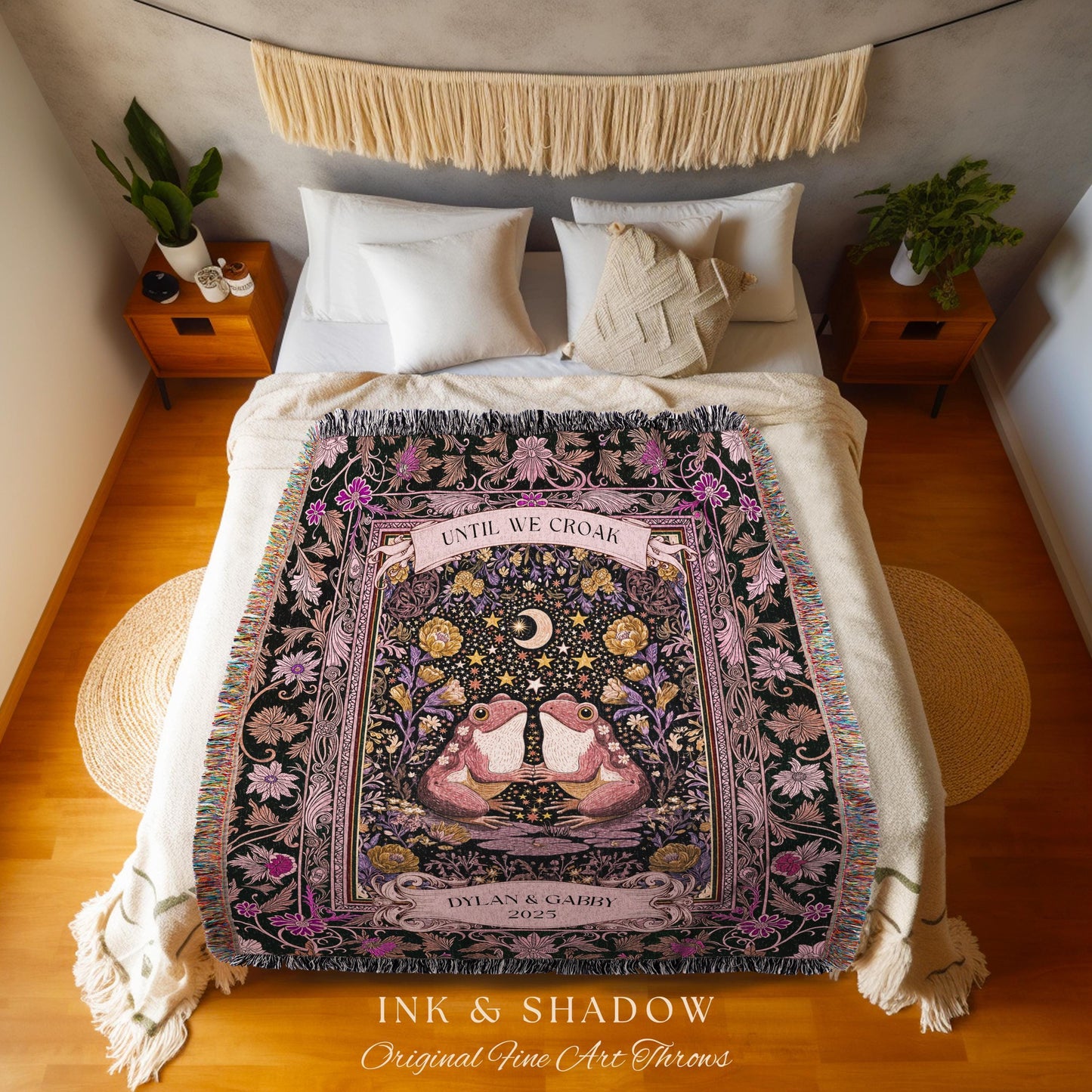 Pastel Goblincore Custom Frog Couple Tapestry | Cottagecore Lovers Whimsigothic Enchanted Personalized Fairycore Girlfriend Gift Botanical