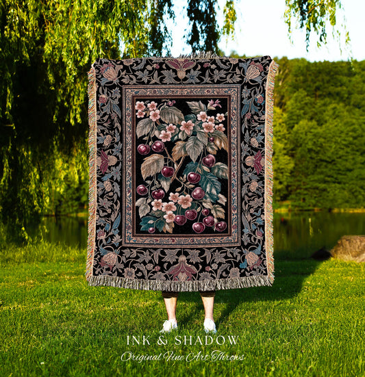 Dark Romantic Cherry Blossom Throw Blanket | Vintage Botanical Gothic Floral Design Moody Garden Accent Baroque Cottagecore Woven Tapestry |