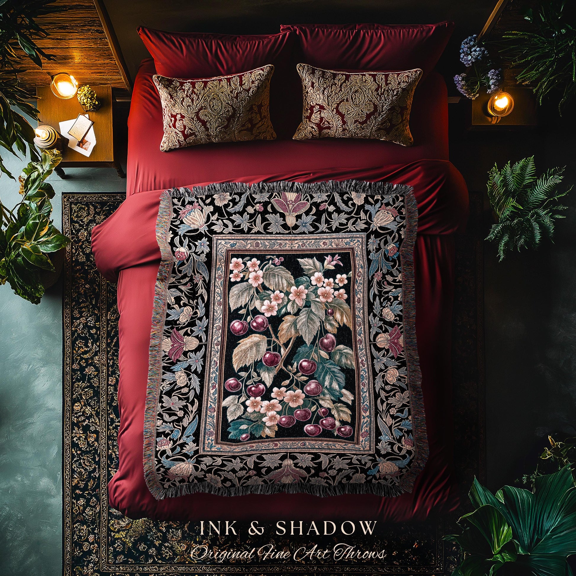 Dark Romantic Cherry Blossom Throw Blanket | Vintage Botanical Gothic Floral Design Moody Garden Accent Baroque Cottagecore Woven Tapestry |