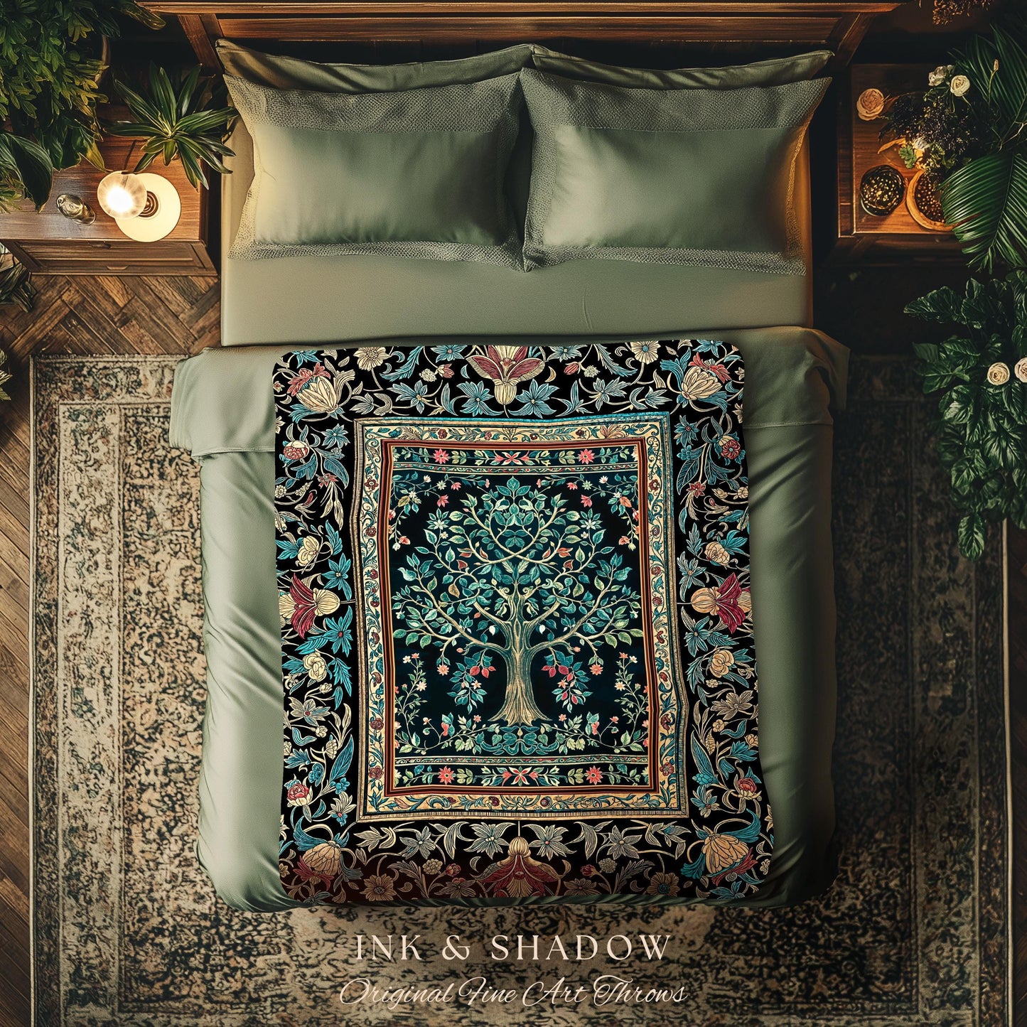 Mystic Ornamental Morris Inspired Tree Woven Throw Blanket Jacquard Tapestry