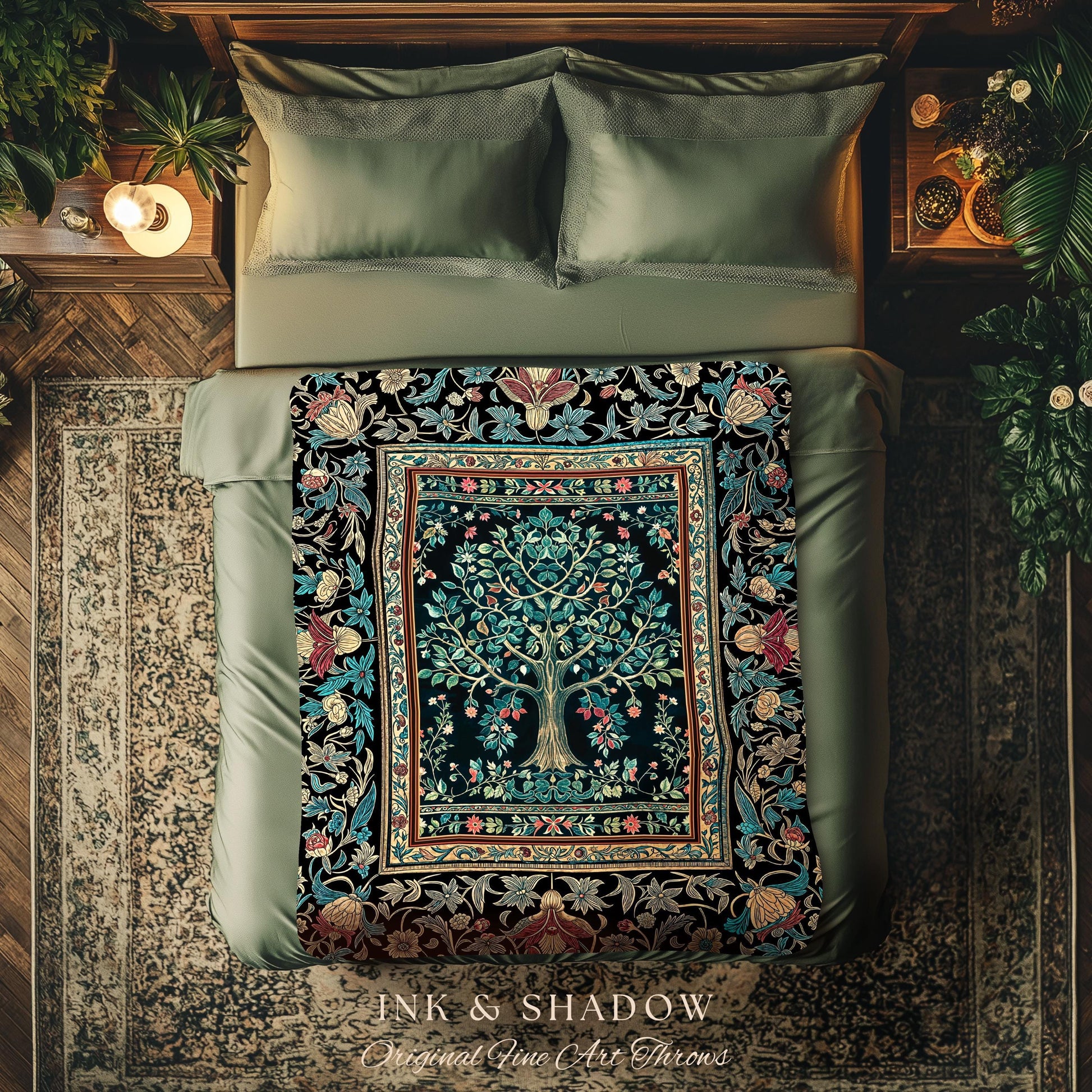 Mystic Ornamental Morris Inspired Tree Woven Throw Blanket Jacquard Tapestry