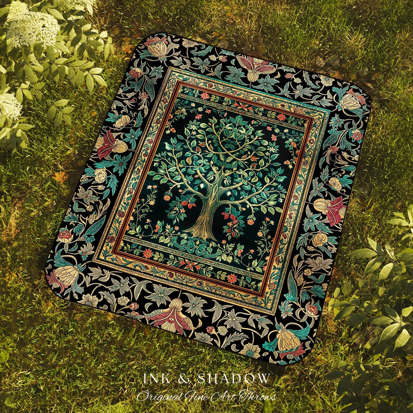Mystic Ornamental Morris Inspired Tree Woven Throw Blanket Jacquard Tapestry