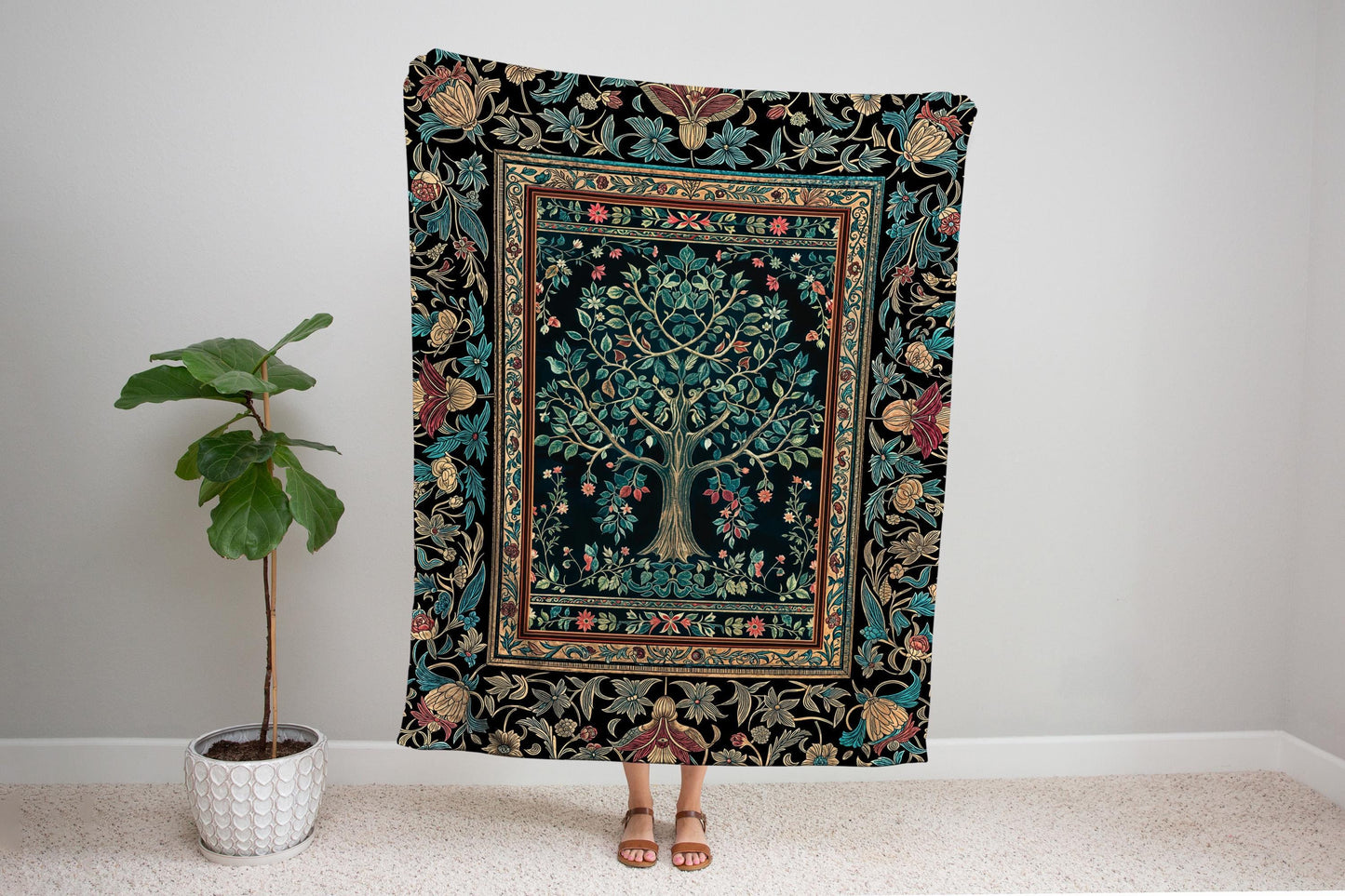 Mystic Ornamental Morris Inspired Tree Woven Throw Blanket Jacquard Tapestry