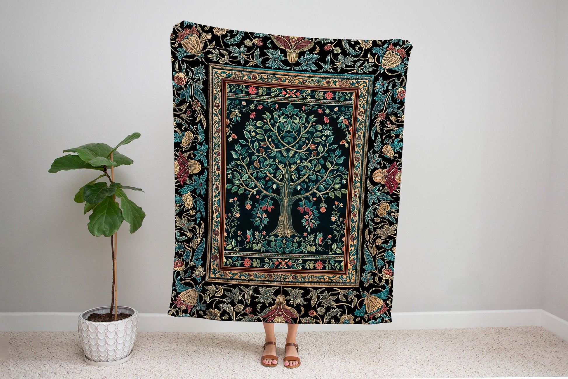 Mystic Ornamental Morris Inspired Tree Woven Throw Blanket Jacquard Tapestry