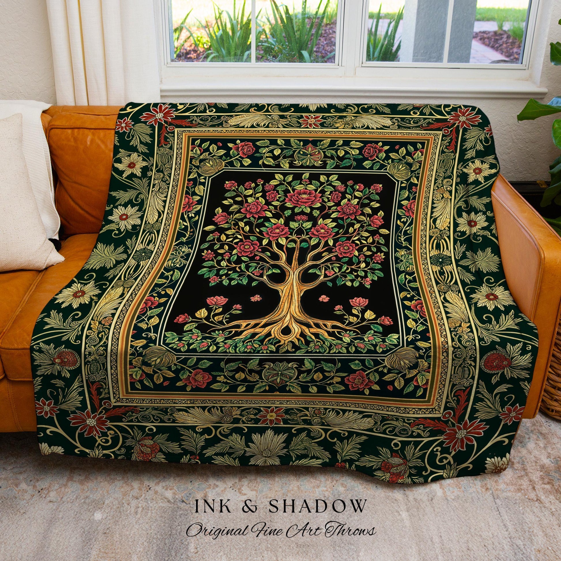 Floral Victorian Garden Tree Tapestry Blanket Jacquard Woven Coverlet