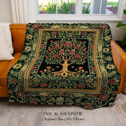 Floral Victorian Garden Tree Tapestry Blanket Jacquard Woven Coverlet
