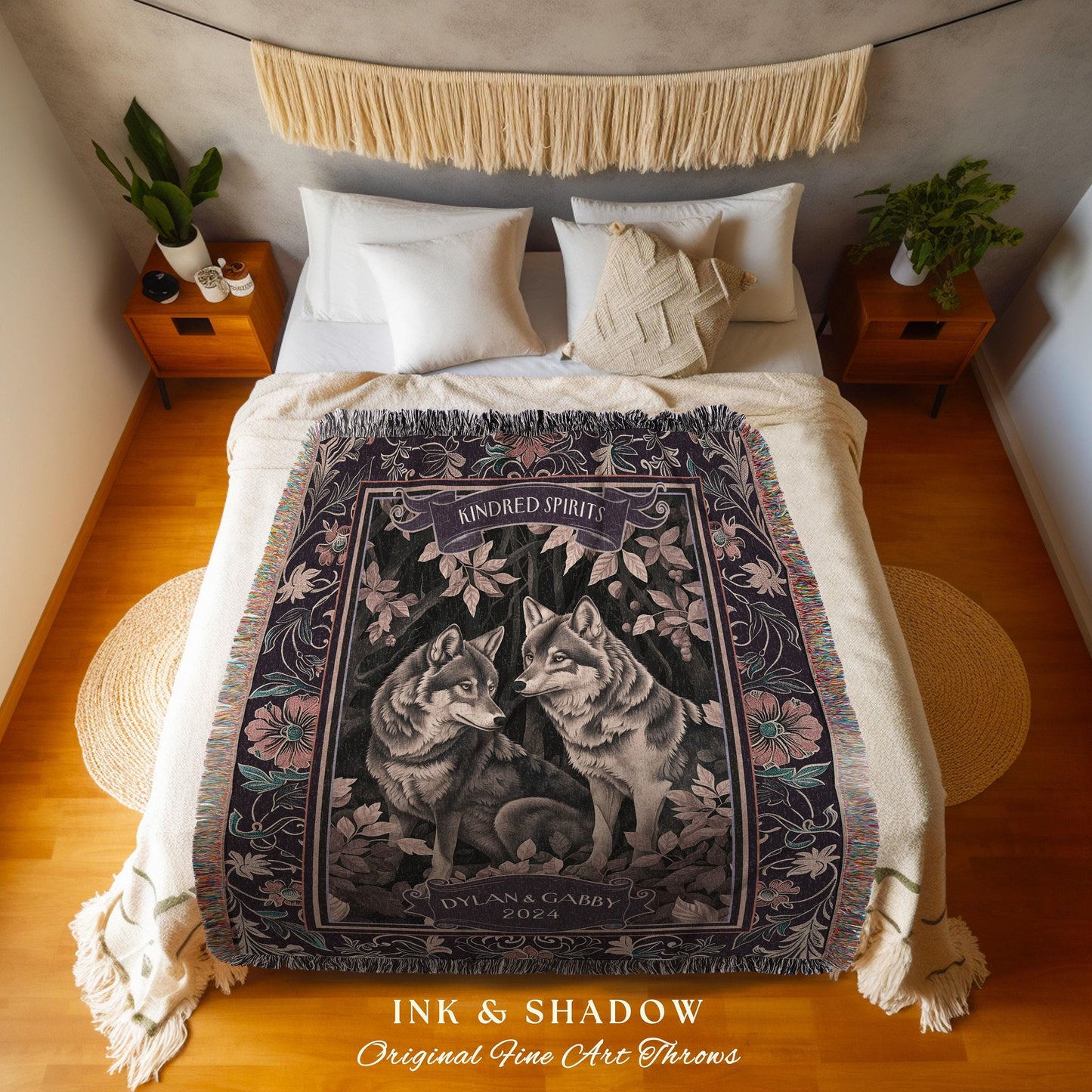 Kindred Spirits Wolf Lovers Anniversary Keepsake Custom Tapestry Throw | Personalized Whimsical Forest Woodland Wedding Woven Throw Wall Art