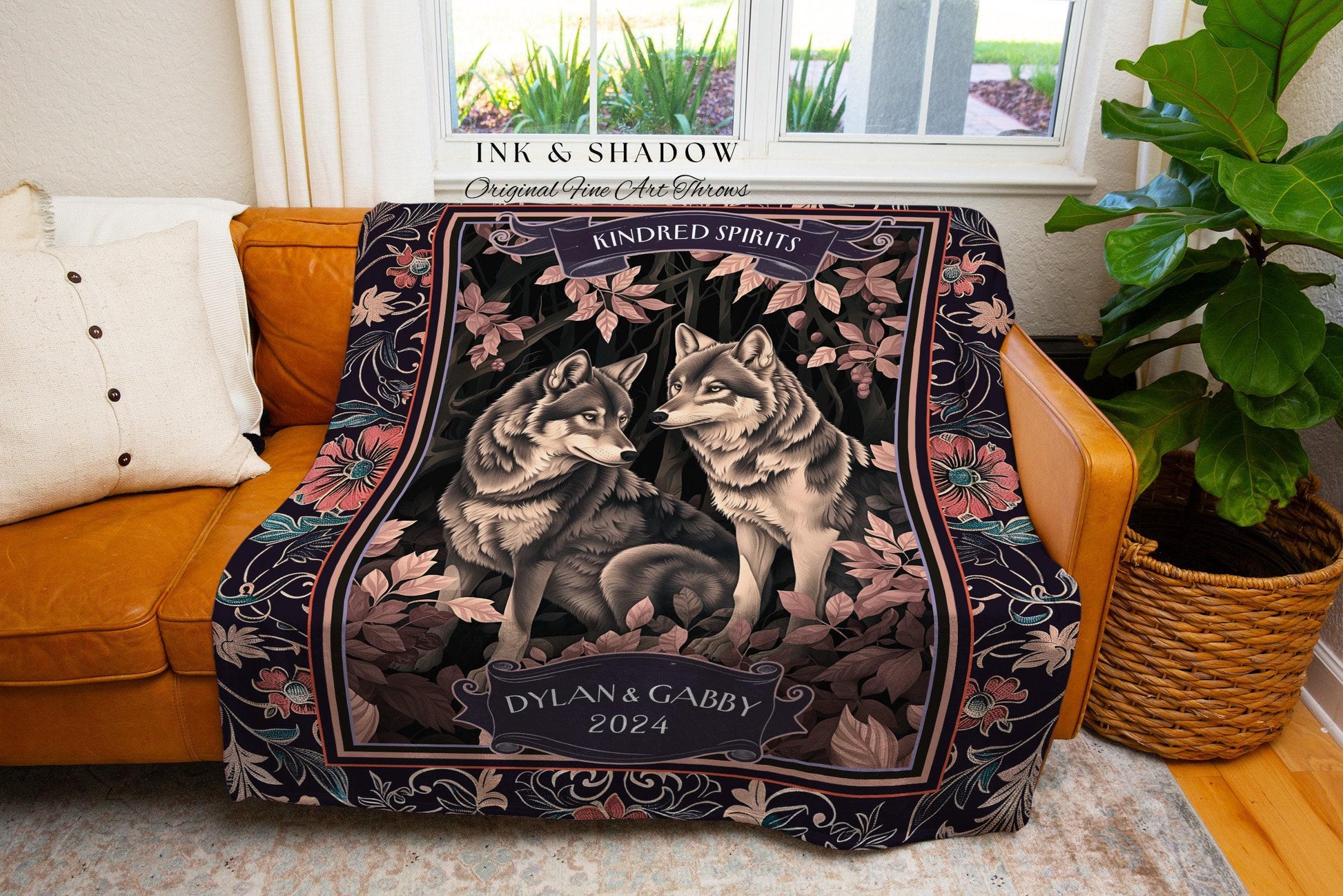 Kindred Spirits Wolf Lovers Anniversary Keepsake Custom Tapestry Throw | Personalized Whimsical Forest Woodland Wedding Woven Throw Wall Art