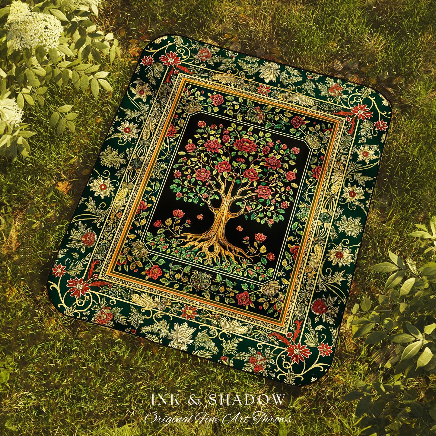 Floral Victorian Garden Tree Tapestry Blanket Jacquard Woven Coverlet