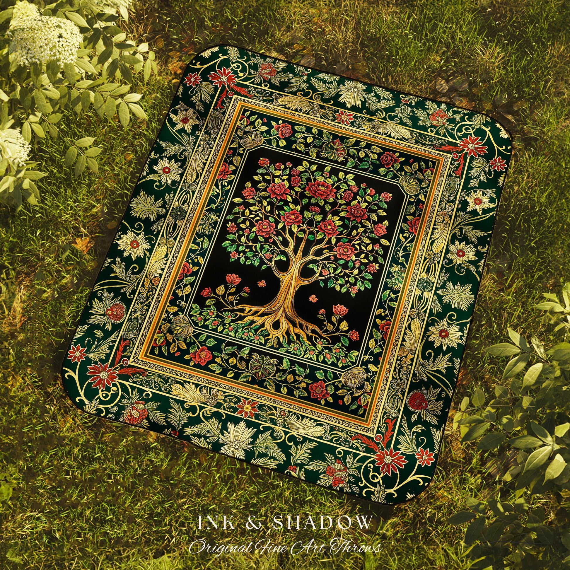 Floral Victorian Garden Tree Tapestry Blanket Jacquard Woven Coverlet
