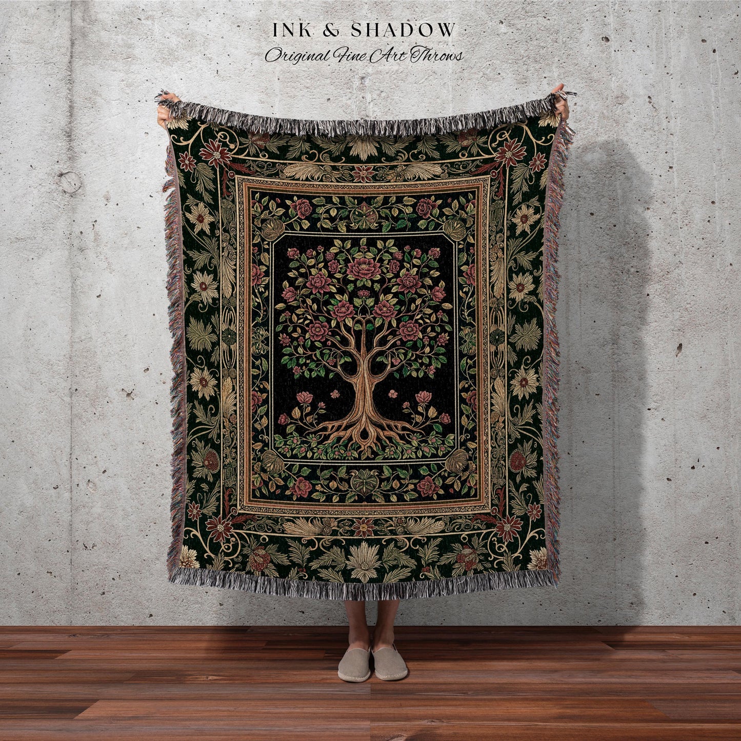 Floral Victorian Garden Tree Tapestry Blanket Jacquard Woven Coverlet