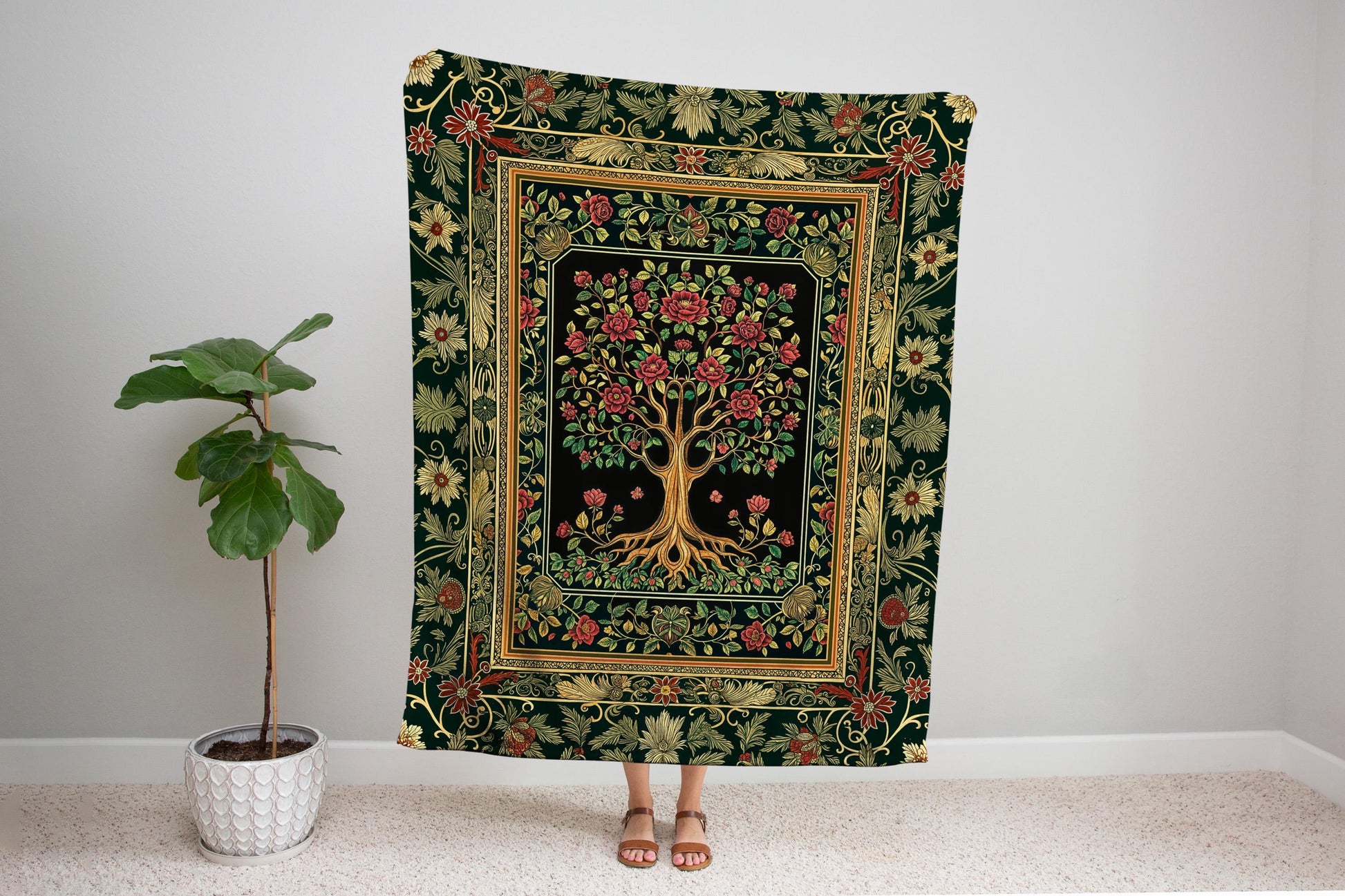 Floral Victorian Garden Tree Tapestry Blanket Jacquard Woven Coverlet
