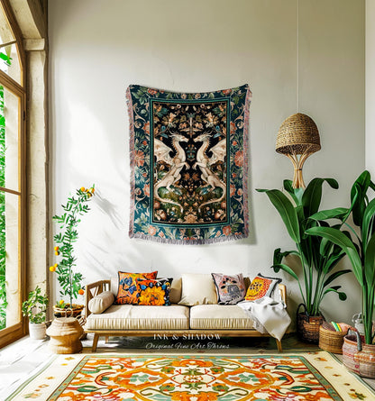 Antique Victorian Gothic Aesthetic Dragon Art Nouveau Crushed Velvet Blanket | Whimsigoth Bedroom Fantasy Medieval Folklore Tapestry Blanket
