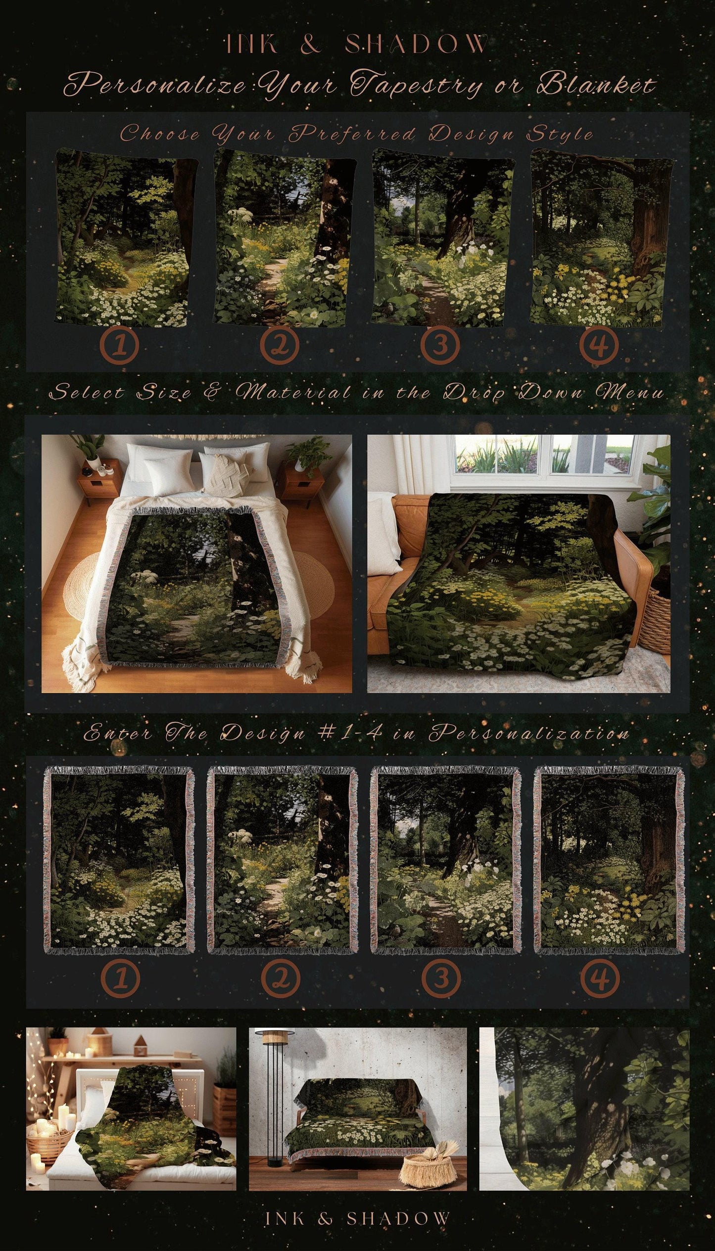 Dark Fairycore Woodland Tapestry | Renaissance Art Woven Blanket Victorian Gothic Aesthetic Tapestry Woven Botanical Fairy Decor Aesthetic