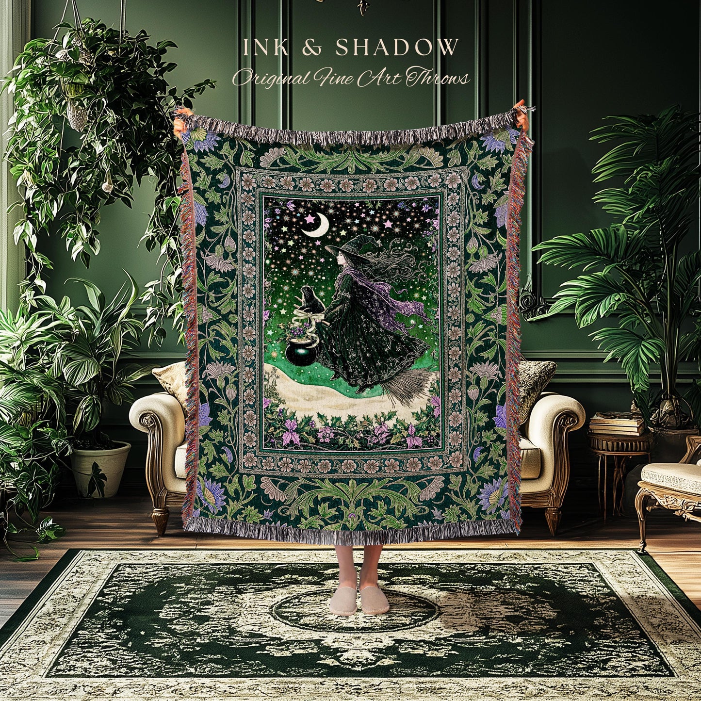 Botanical Witch Flying Broomstick Throw | Whimsigoth Tapestry Blanket Gothic Cat Mystic Midnight Magic Aesthetic Green Sky Moonlight Decor