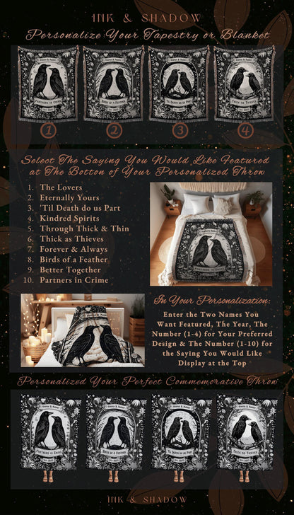 Crow Couple 'Til Death do us Part' Blanket | Custom Goth Couples Romantic Gift Tapestry Personalized Name Blanket Anniversary Gift Gothic |