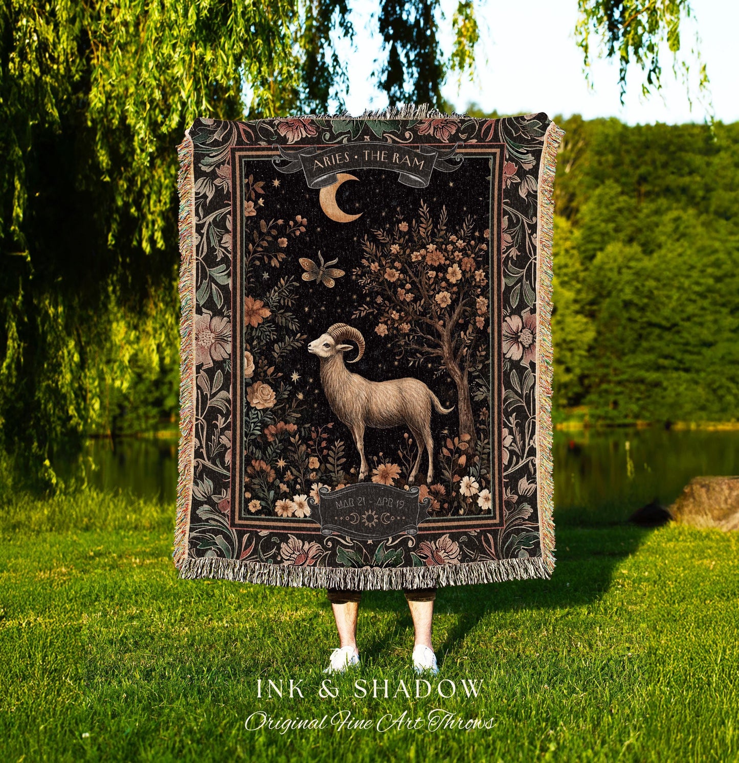 Rustic Aries Astrology Blanket The Ram Zodiac Tapestry Throw | Vintage Folklore Star Sign Decor Celestial Aries Birthday Gift for Fire Signs