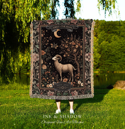 Rustic Aries Astrology Blanket The Ram Zodiac Tapestry Throw | Vintage Folklore Star Sign Decor Celestial Aries Birthday Gift for Fire Signs