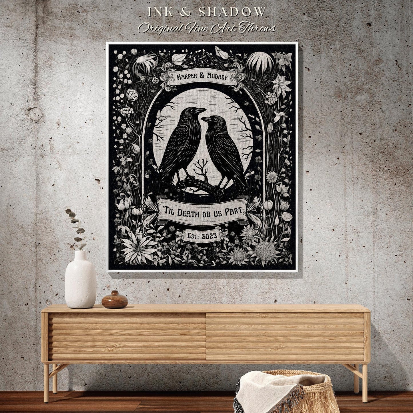 Crow Couple 'Til Death do us Part' Blanket | Custom Goth Couples Romantic Gift Tapestry Personalized Name Blanket Anniversary Gift Gothic |
