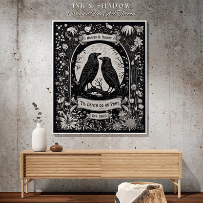 Crow Couple 'Til Death do us Part' Blanket | Custom Goth Couples Romantic Gift Tapestry Personalized Name Blanket Anniversary Gift Gothic |