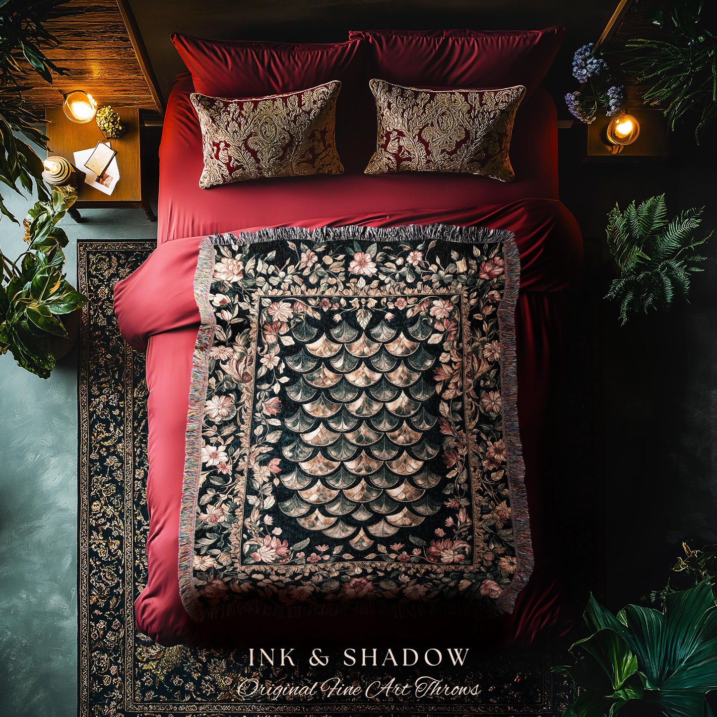 Dark Floral Nordic Inspired Tapestry | Pink Botanical Fairytale Woven Throw Blanket Woodland Ethereal Dragon Scales Medieval Aesthetic Art |