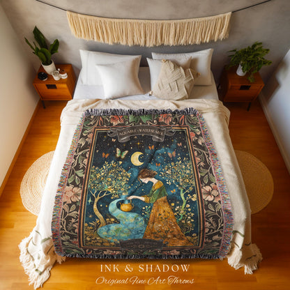 Mystic Folklore Aquarius Zodiac Blanket Rustic Star Sign Tapestry Throw, Fairycore Forest Art Astrology Gift The Water Bearer Birthday Decor