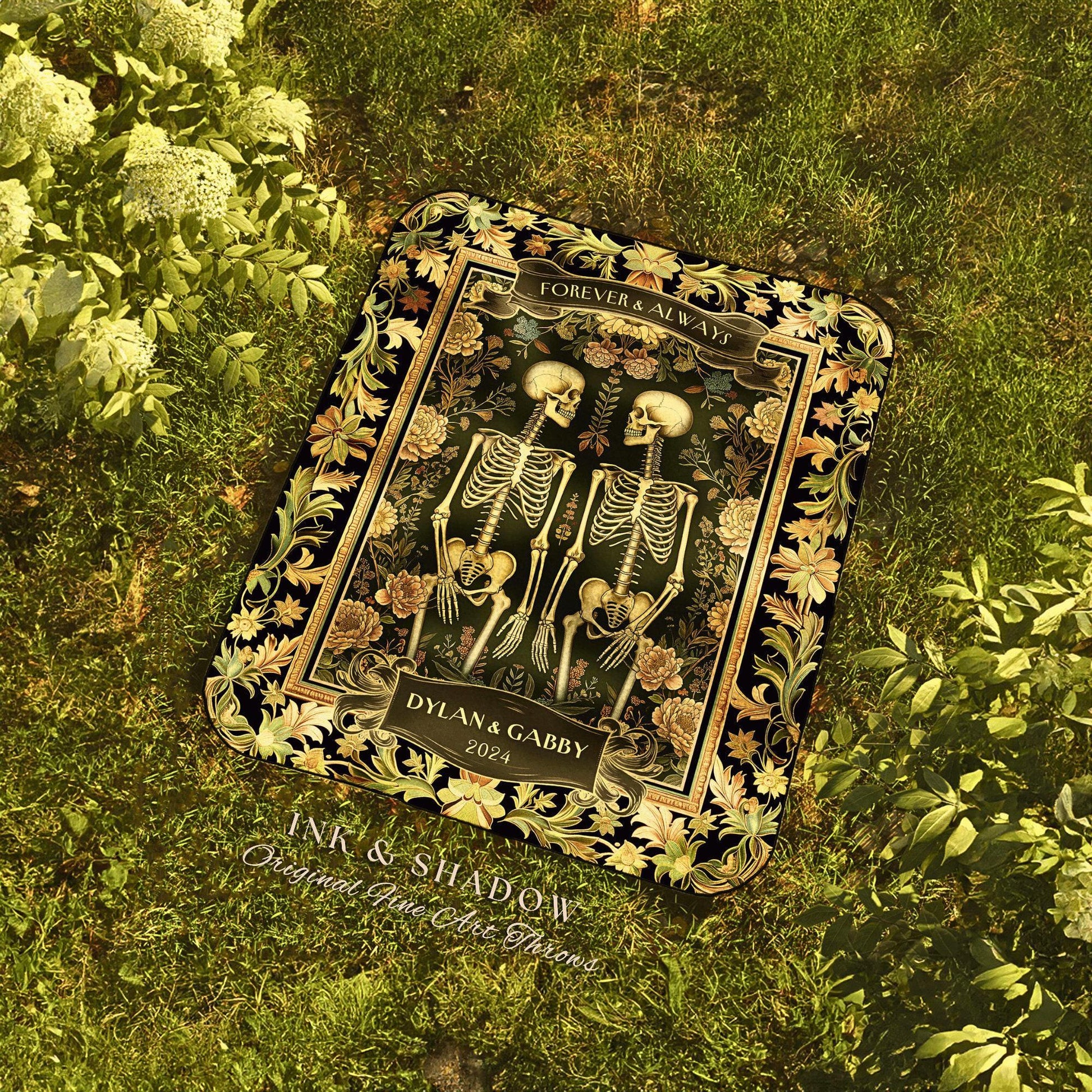 Forever & Always Skeleton Throw Blanket | Botanical Skeleton Couple Woven Tapestry Wedding Anniversary Gift Personalized Blanket Custom Name