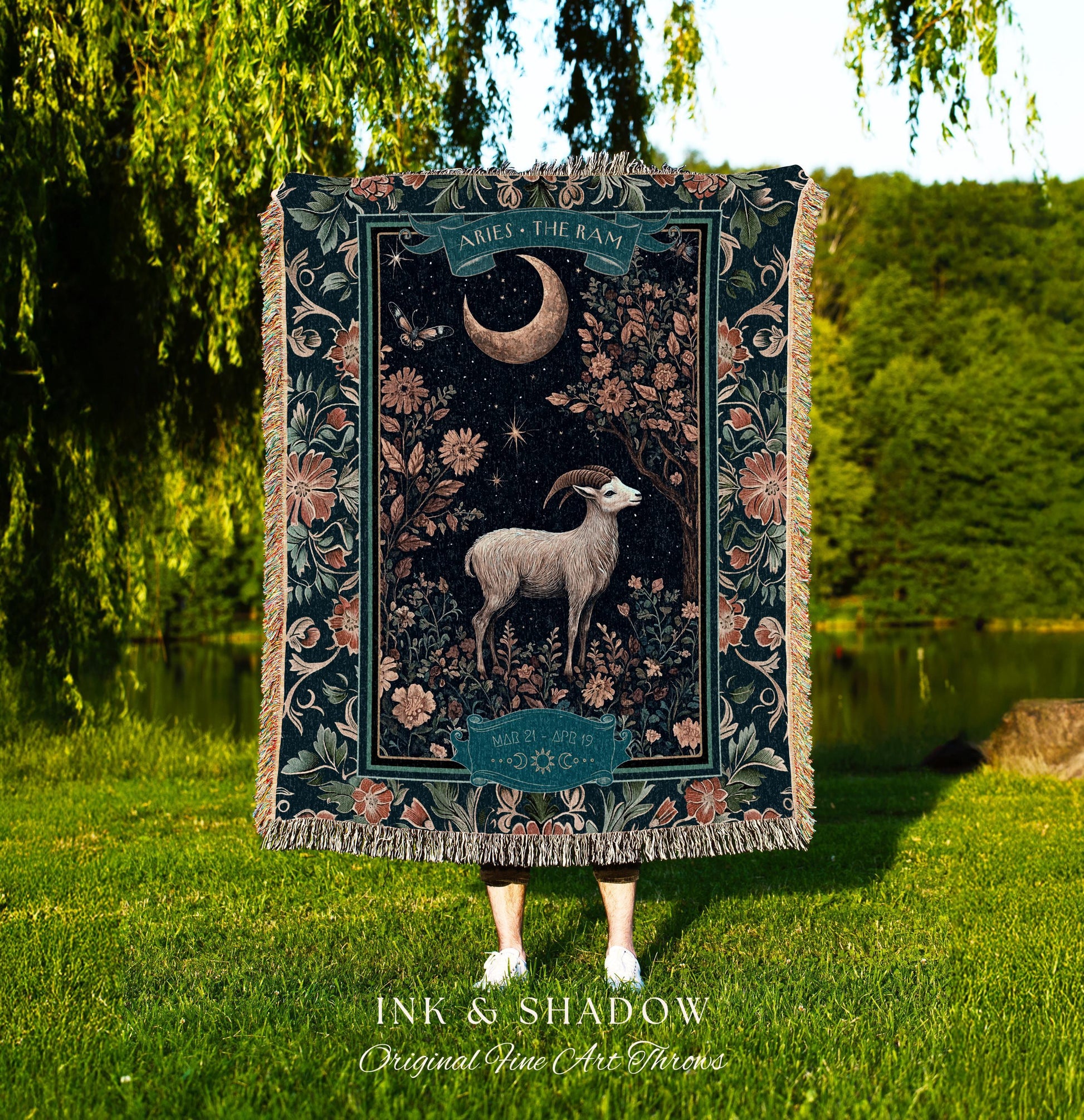 Whimsical Aries Zodiac Blanket Celestial Cottagecore Decor | The Ram Constellation Star Sign Tapestry Throw April Birth Month Astrology Art