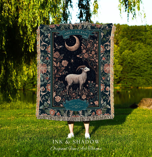 Whimsical Aries Zodiac Blanket Celestial Cottagecore Decor | The Ram Constellation Star Sign Tapestry Throw April Birth Month Astrology Art