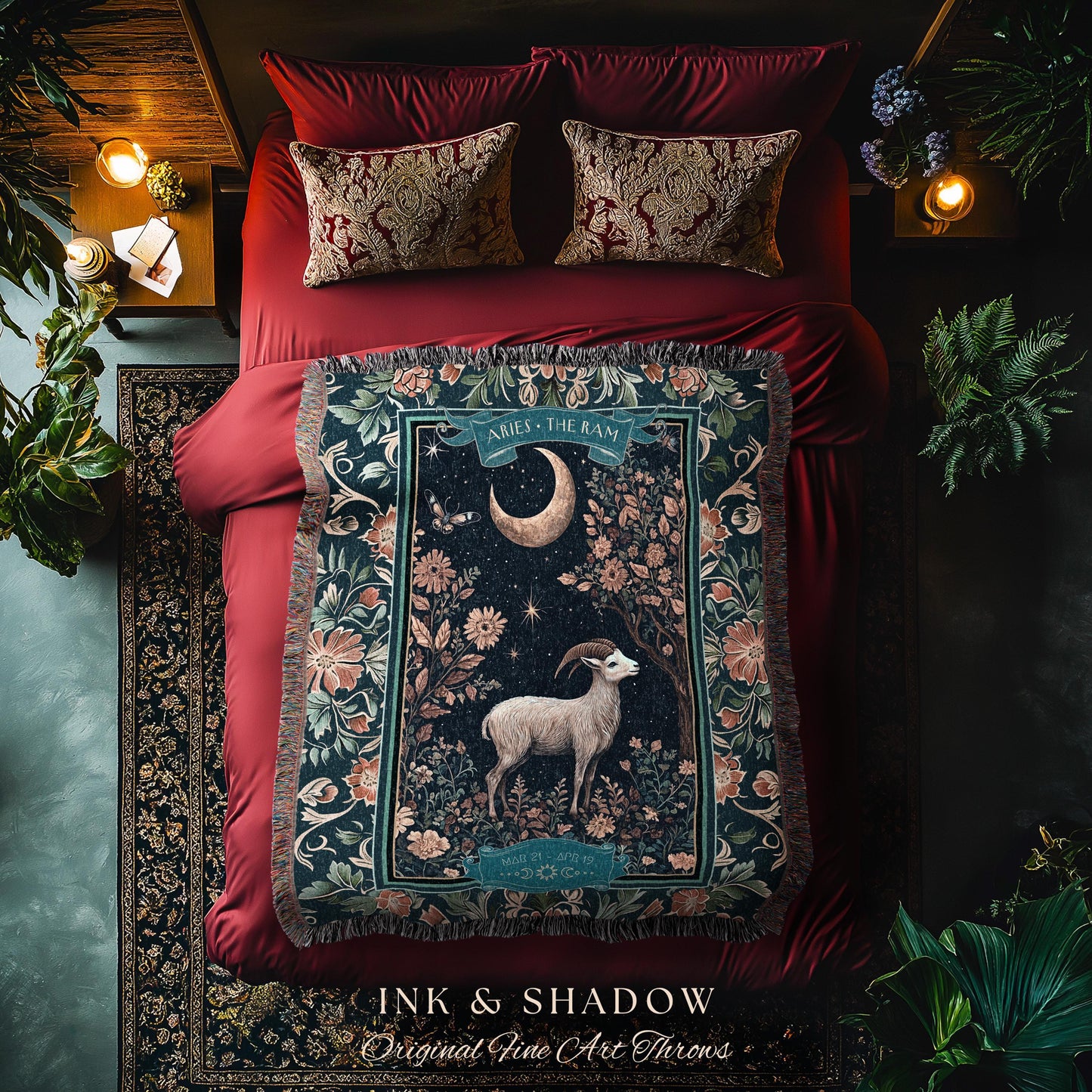 Whimsical Aries Zodiac Blanket Celestial Cottagecore Decor | The Ram Constellation Star Sign Tapestry Throw April Birth Month Astrology Art
