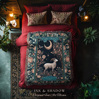 Whimsical Aries Zodiac Blanket Celestial Cottagecore Decor | The Ram Constellation Star Sign Tapestry Throw April Birth Month Astrology Art