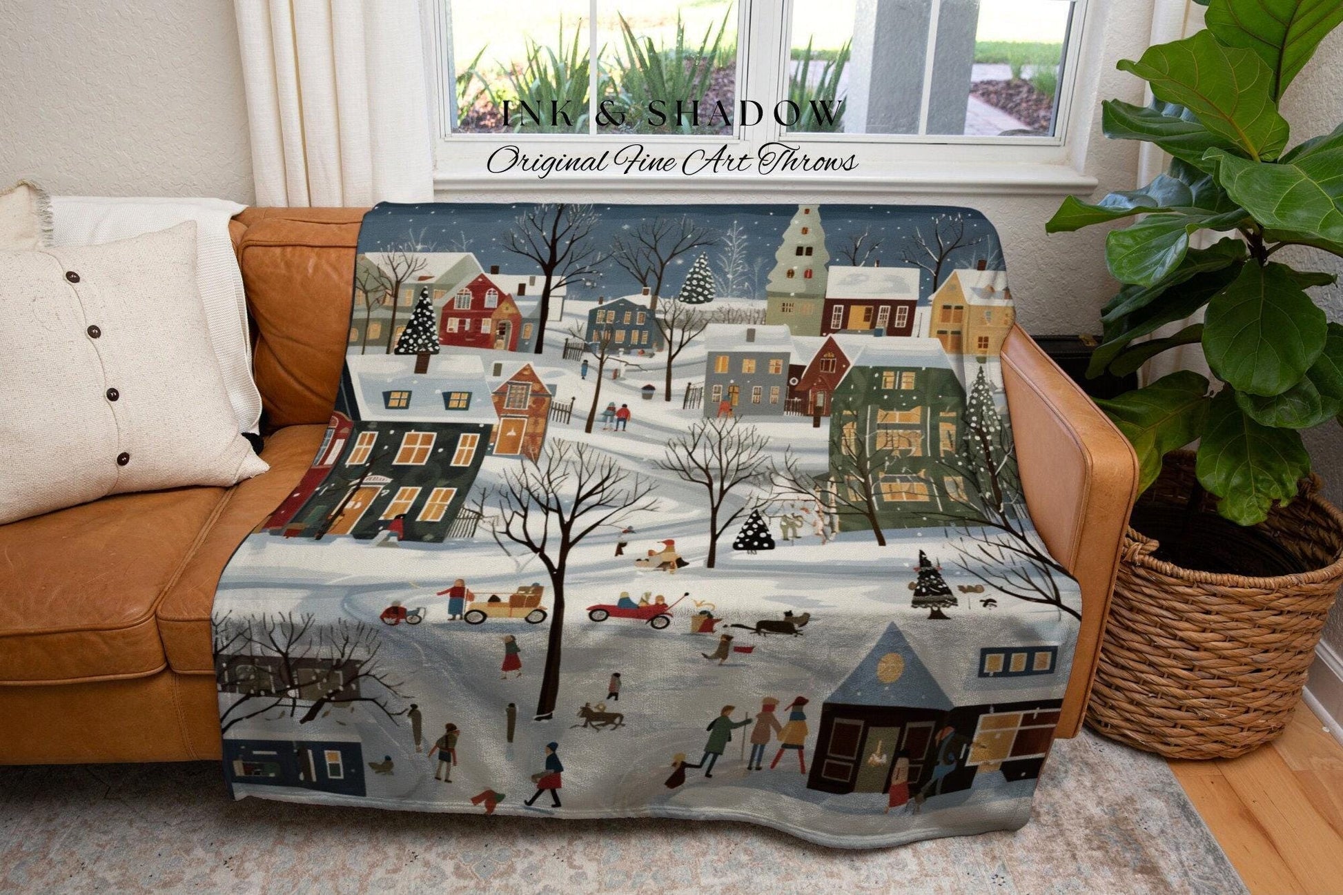 Boho Christmas Village Blanket | Cozy Christmas Blanket Woven Tapestry Scandinavian Folk Art Pastel Danish Decor Winter Home Decor Vintage |