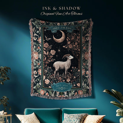 Whimsical Aries Zodiac Blanket Celestial Cottagecore Decor | The Ram Constellation Star Sign Tapestry Throw April Birth Month Astrology Art