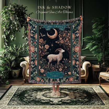 Whimsical Aries Zodiac Blanket Celestial Cottagecore Decor | The Ram Constellation Star Sign Tapestry Throw April Birth Month Astrology Art
