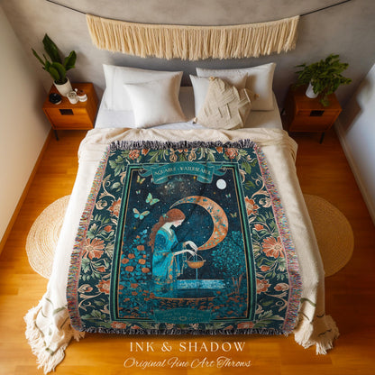 Dreamy Celestial Garden Aquarius Tapestry Throw Zodiac Sign Floral Fairycore Blanket | Whimsical Moonlit Astrology Art The Water Bearer Gift