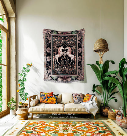 Floral Unicorn Tapestry | Ethereal Woodland Whimsy Blanket, Magic Cottagecore Throw